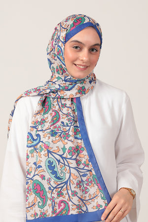 Pamuk İpek Şal - Etnik Floral Desen - Saks Mavisi