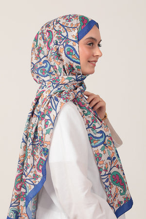 Pamuk İpek Şal - Etnik Floral Desen - Saks Mavisi
