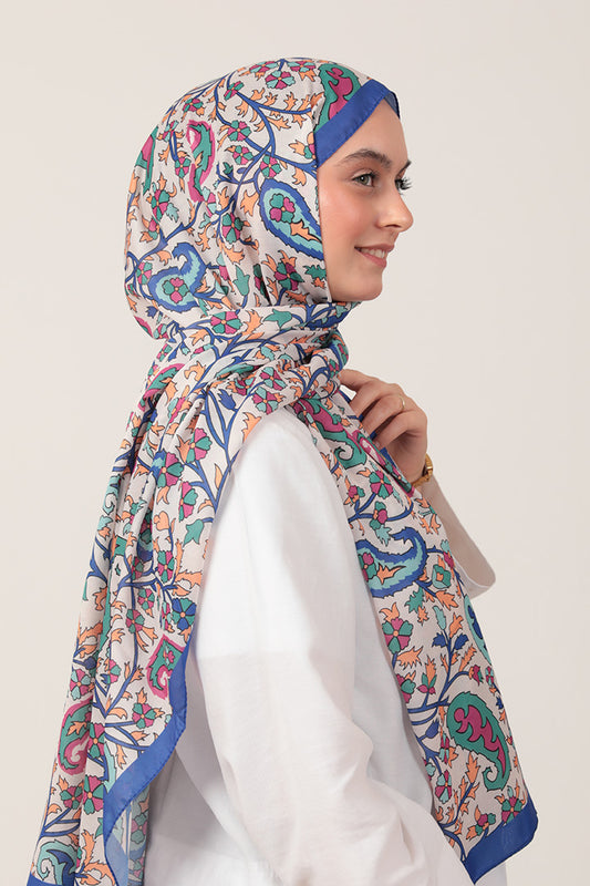 Pamuk İpek Şal - Etnik Floral Desen - Saks Mavisi