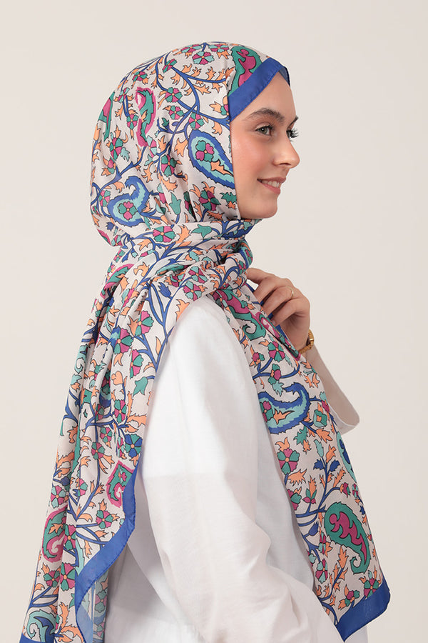 Pamuk İpek Şal - Etnik Floral Desen - Saks Mavisi
