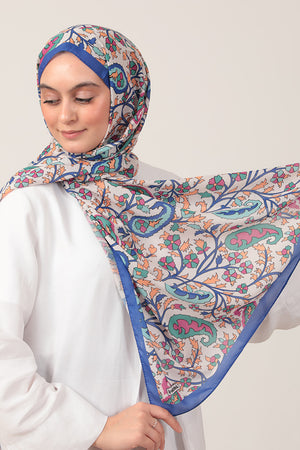 Pamuk İpek Şal - Etnik Floral Desen - Saks Mavisi
