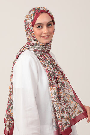 Pamuk İpek Şal - Etnik Floral Desen - Bordo