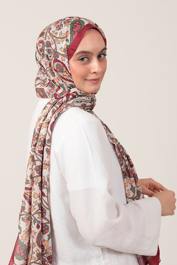Pamuk İpek Şal - Etnik Floral Desen - Bordo