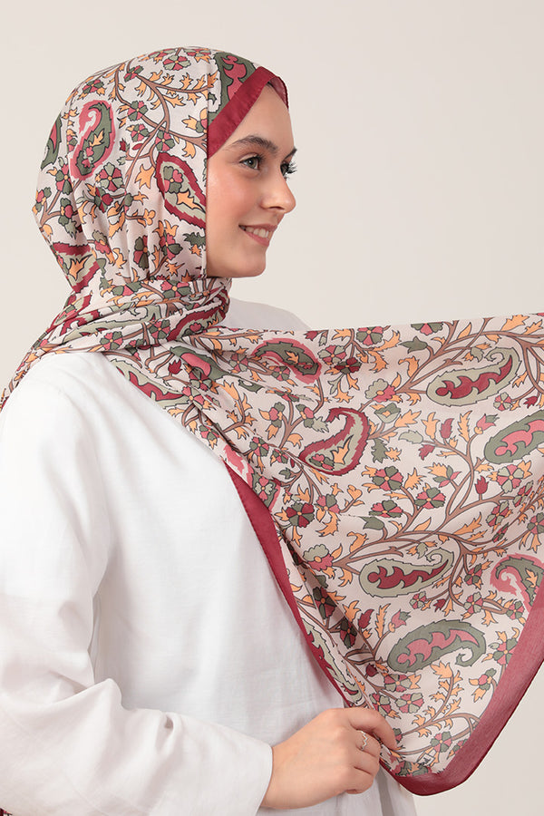 Pamuk İpek Şal - Etnik Floral Desen - Bordo