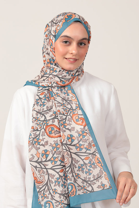 Pamuk İpek Şal - Etnik Floral Desen - Çakmak Taşı
