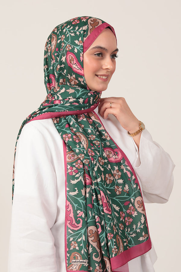 Pamuk İpek Şal - Etnik Floral Desen - Zümrüt Yeşili