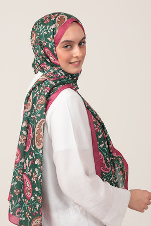 Pamuk İpek Şal - Etnik Floral Desen - Zümrüt Yeşili