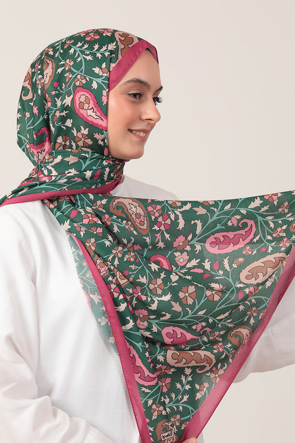 Pamuk İpek Şal - Etnik Floral Desen - Zümrüt Yeşili