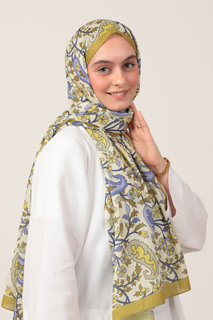 Pamuk İpek Şal - Etnik Floral Desen - Olive