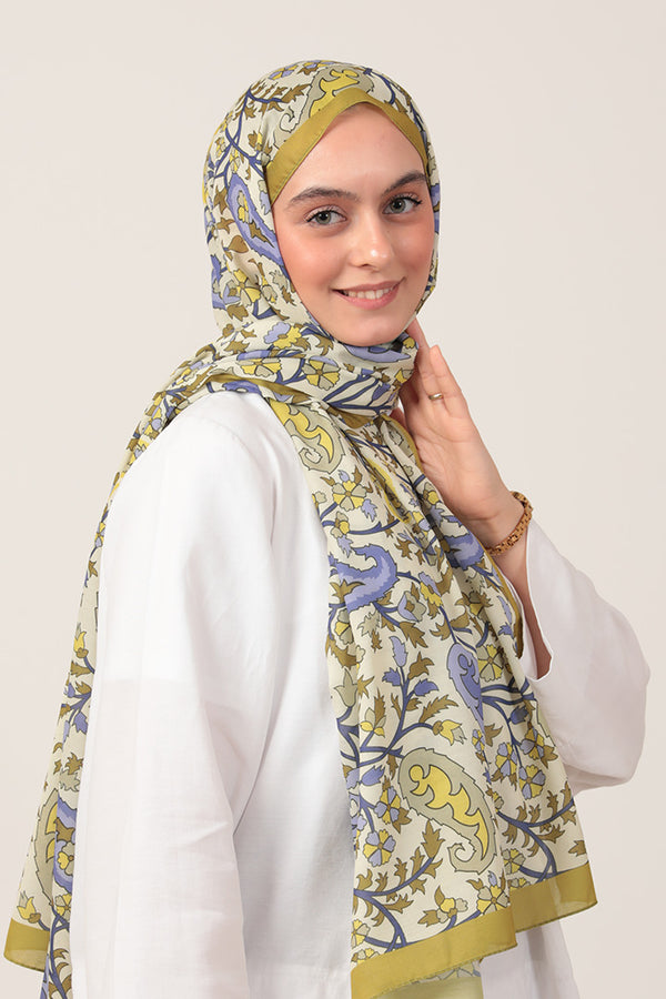 Pamuk İpek Şal - Etnik Floral Desen - Olive