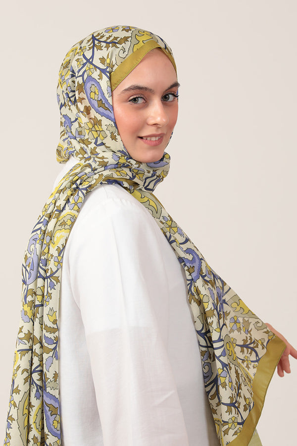 Pamuk İpek Şal - Etnik Floral Desen - Olive