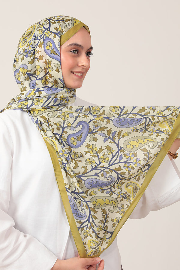 Pamuk İpek Şal - Etnik Floral Desen - Olive