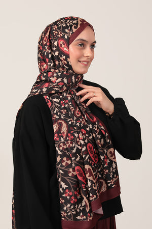 Pamuk İpek Şal - Etnik Floral Desen - Bordo Krem