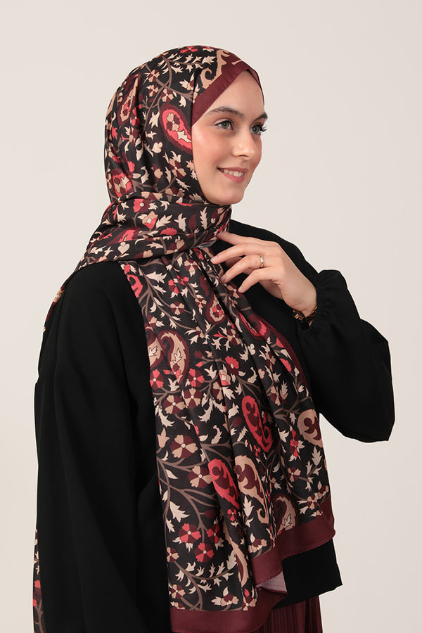 Pamuk İpek Şal - Etnik Floral Desen - Bordo Krem