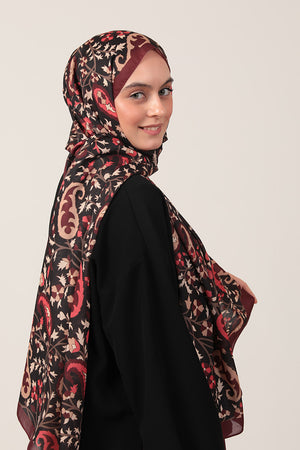 Pamuk İpek Şal - Etnik Floral Desen - Bordo Krem