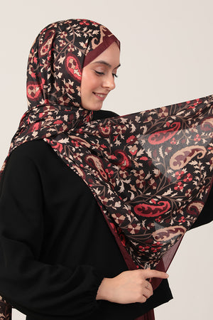 Pamuk İpek Şal - Etnik Floral Desen - Bordo Krem