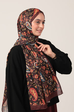 Pamuk İpek Şal - Etnik Floral Desen - Kahverengi
