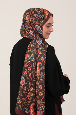 Pamuk İpek Şal - Etnik Floral Desen - Kahverengi