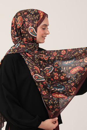 Pamuk İpek Şal - Etnik Floral Desen - Kahverengi