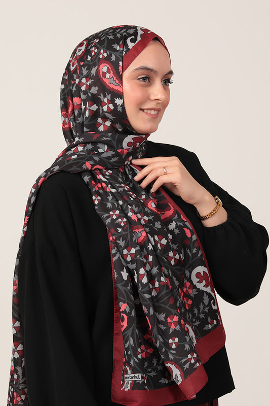 Pamuk İpek Şal - Etnik Floral Desen - Bordo Siyah