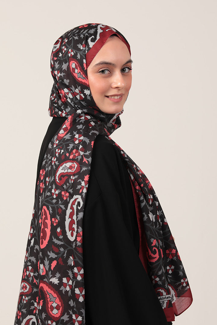 Pamuk İpek Şal - Etnik Floral Desen - Bordo Siyah