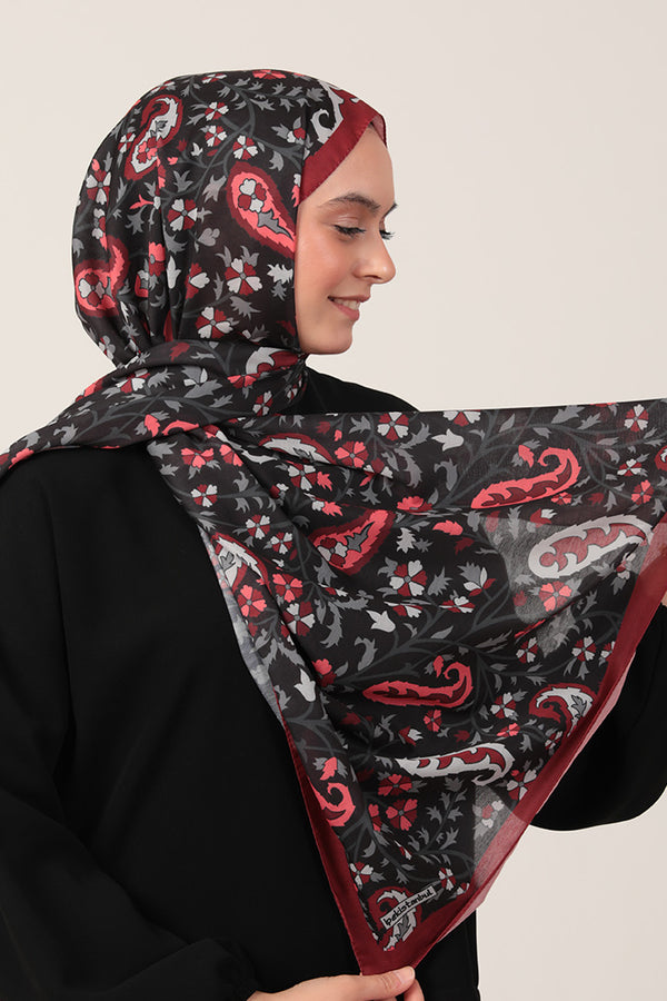 Pamuk İpek Şal - Etnik Floral Desen - Bordo Siyah
