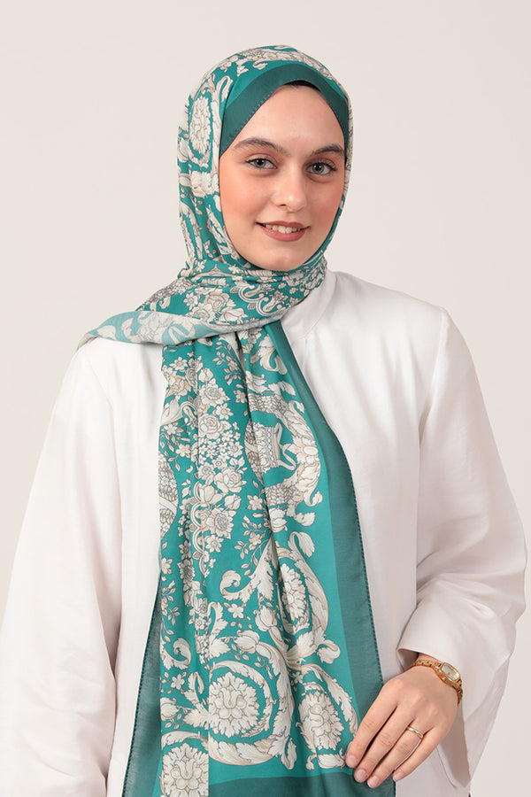 Pamuk İpek Şal - Dönence Desen - Zümrüt Yeşili