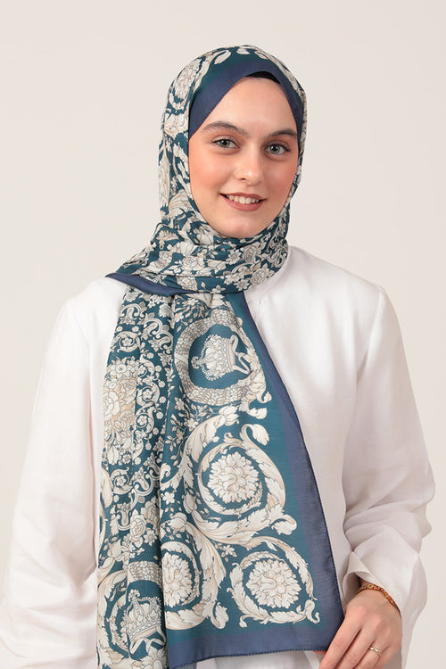 Pamuk İpek Şal - Dönence Desen - Petrol Yeşili