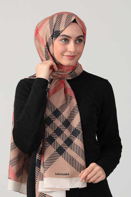 Pamuk Ipek Şal - Ekose Desen - Camel