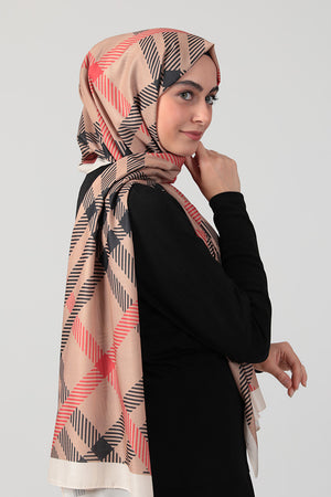 Pamuk Ipek Şal - Ekose Desen - Camel