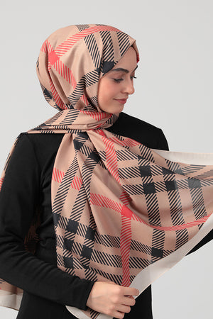 Pamuk Ipek Şal - Ekose Desen - Camel