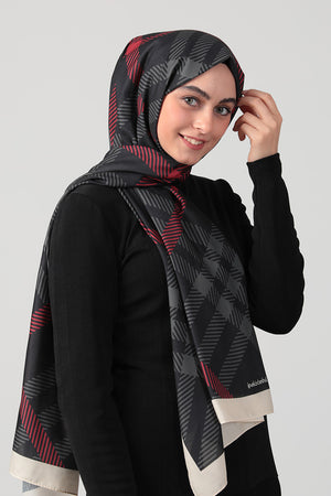 Pamuk İpek Şal - Ekose Desen - Siyah Krem