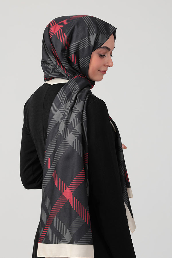 Pamuk İpek Şal - Ekose Desen - Siyah Krem