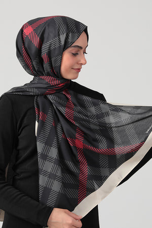 Pamuk İpek Şal - Ekose Desen - Siyah Krem