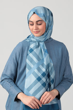 Pamuk Ipek Şal - Ekose Desen - Indigo