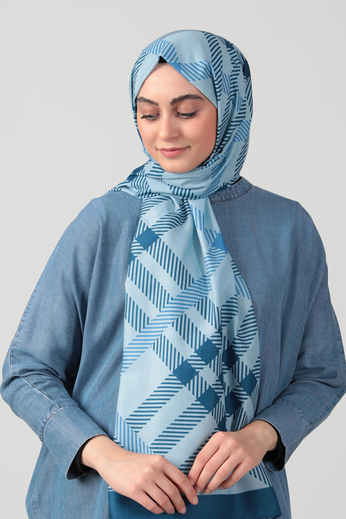 Pamuk Ipek Şal - Ekose Desen - Indigo