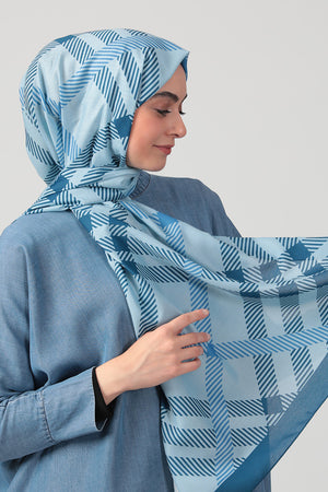 Pamuk Ipek Şal - Ekose Desen - Indigo