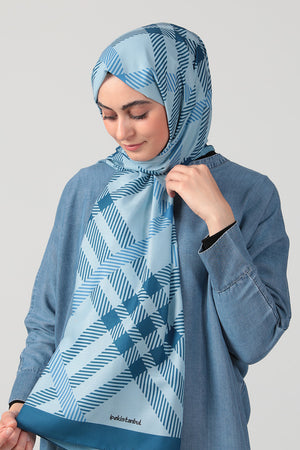 Pamuk Ipek Şal - Ekose Desen - Indigo