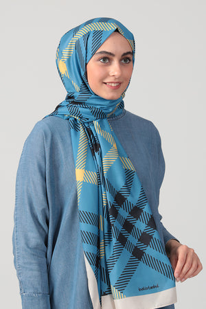 Pamuk Ipek Şal - Ekose Desen - Mavi