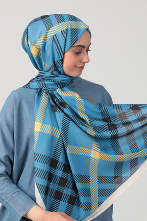 Pamuk Ipek Şal - Ekose Desen - Mavi