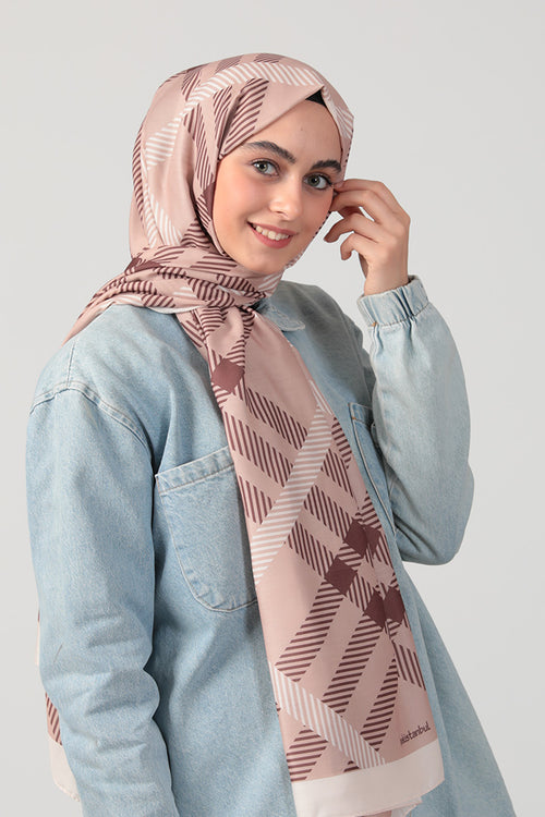 Pamuk Ipek Şal - Ekose Desen - Kahverengi