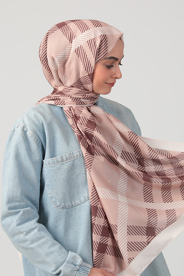 Pamuk Ipek Şal - Ekose Desen - Kahverengi