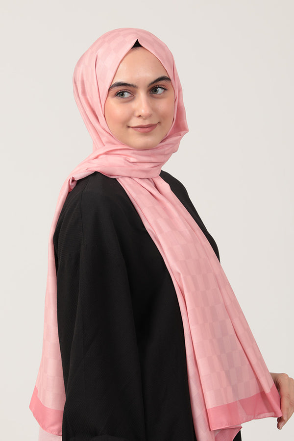 Pamuk İpek Şal - Dama Desen - Pembe