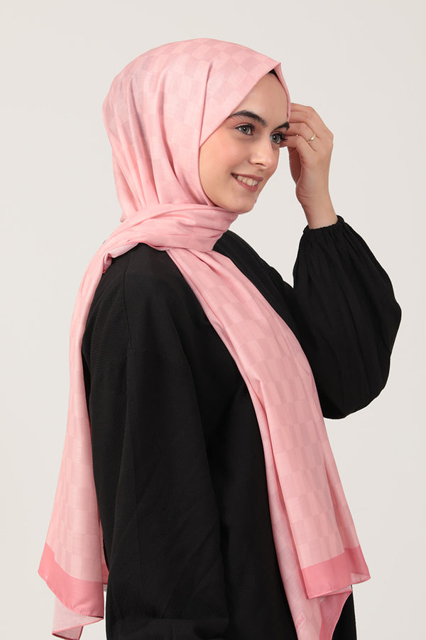 Pamuk İpek Şal - Dama Desen - Pembe