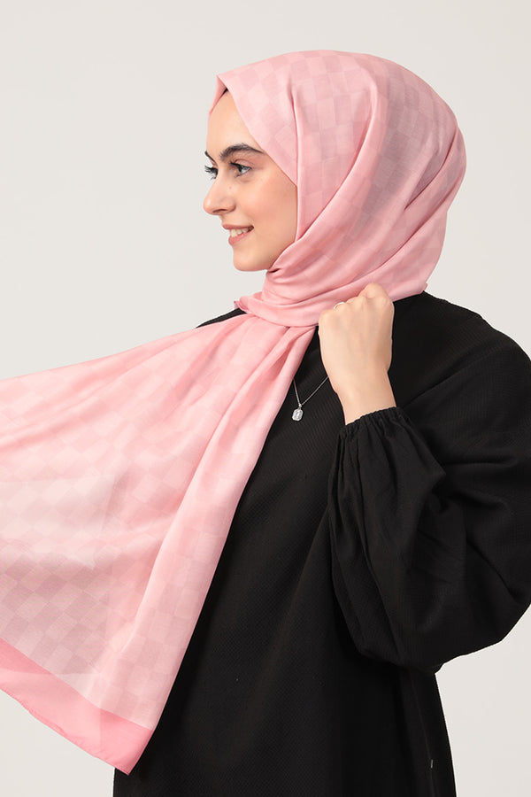 Pamuk İpek Şal - Dama Desen - Pembe