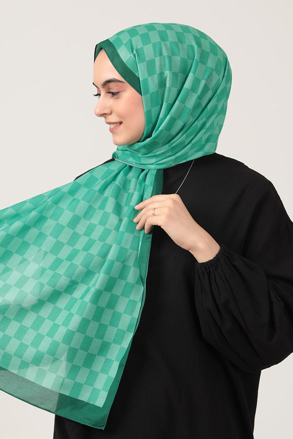 Pamuk İpek Şal - Dama Desen - Benetton Yeşili