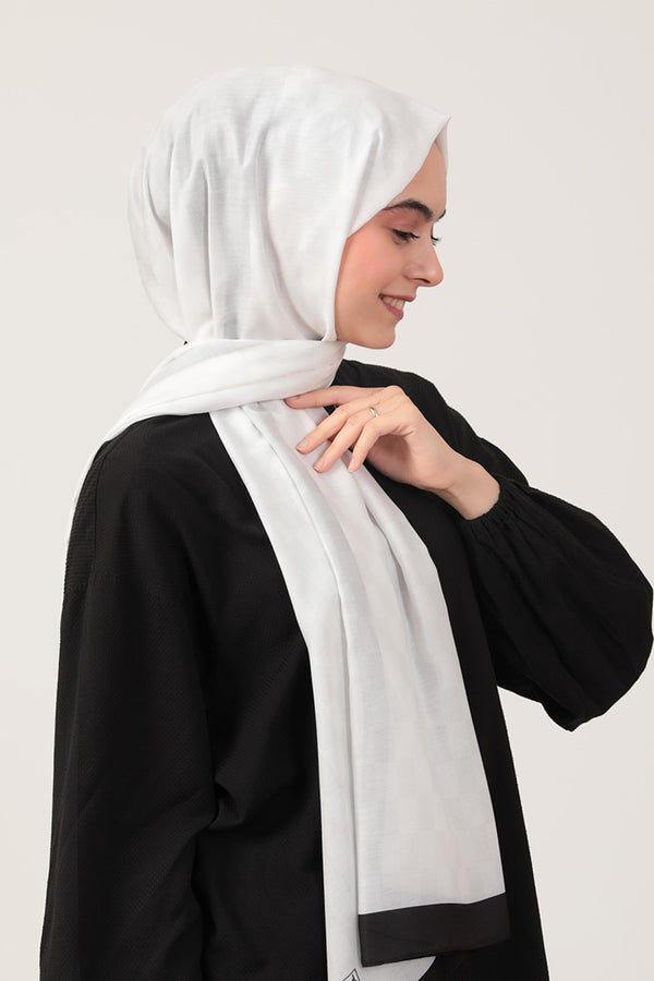 Pamuk İpek Şal - Dama Desen - Beyaz