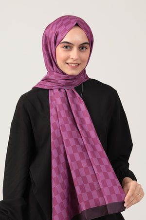 Pamuk İpek Şal - Dama Desen - Mürdüm