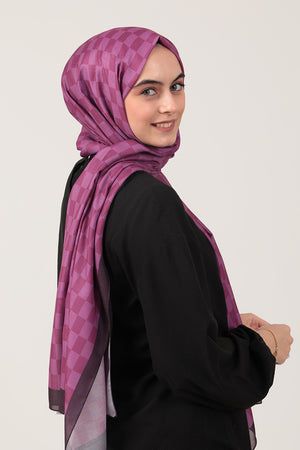 Pamuk İpek Şal - Dama Desen - Mürdüm