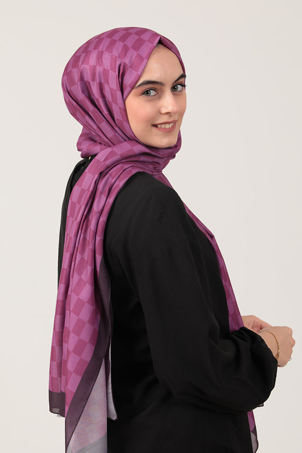 Pamuk İpek Şal - Dama Desen - Mürdüm